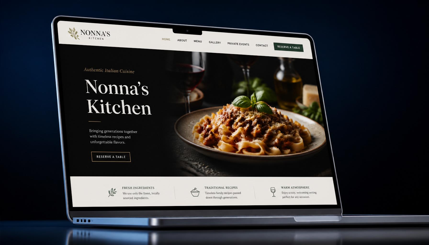 Restaurant website mockup on a laptop showing a site we built